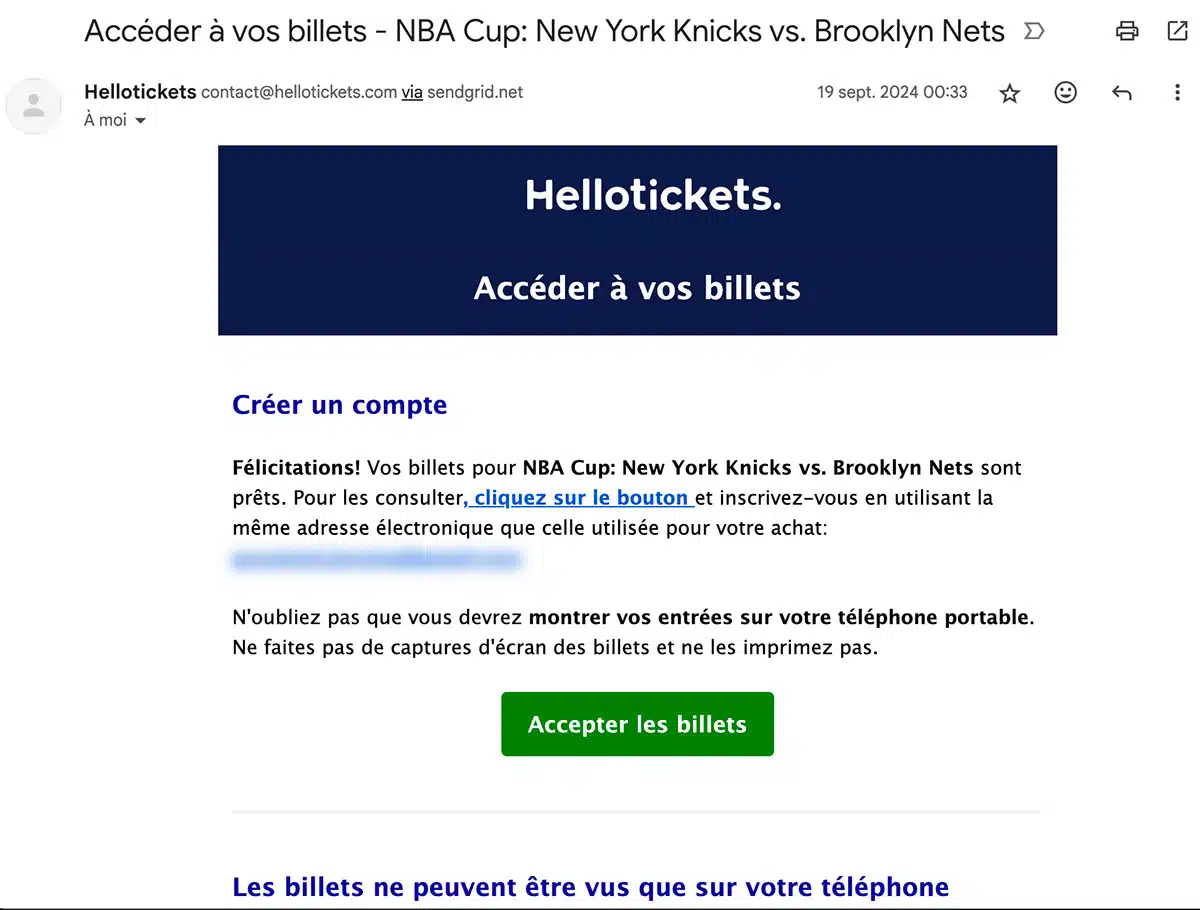 Email reçu après l'achat des billets pour un match des Knicks